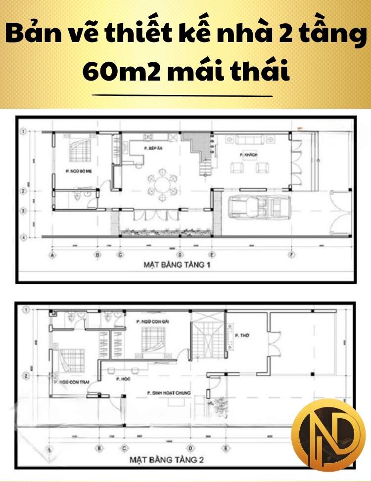 Mẫu thiết kế nhà 2 tầng 60m2 mái thái