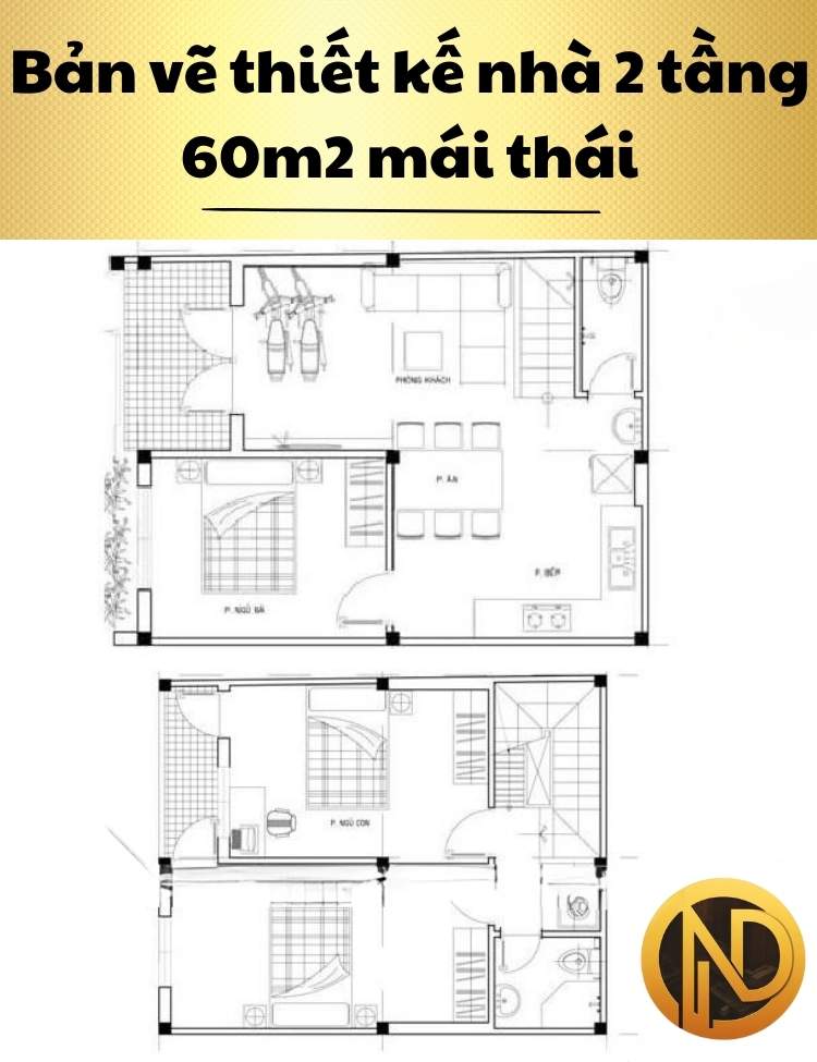 Mẫu thiết kế nhà 2 tầng 60m2 mái thái