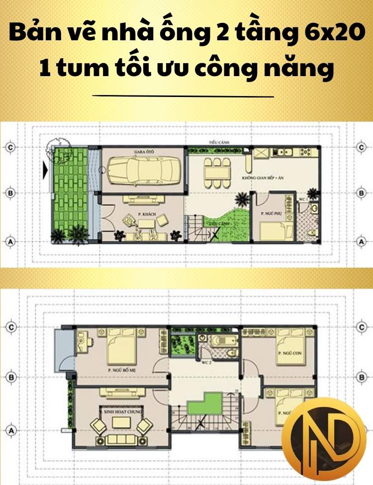 Thiết kế nhà ống 2 tầng 6x20m 1 tum tối ưu công năng