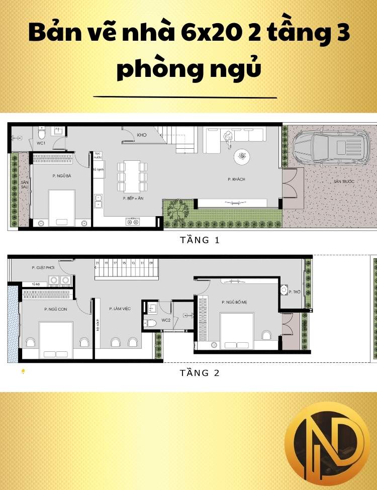 Mẫu nhà 6x20 2 tầng 3 phòng ngủ