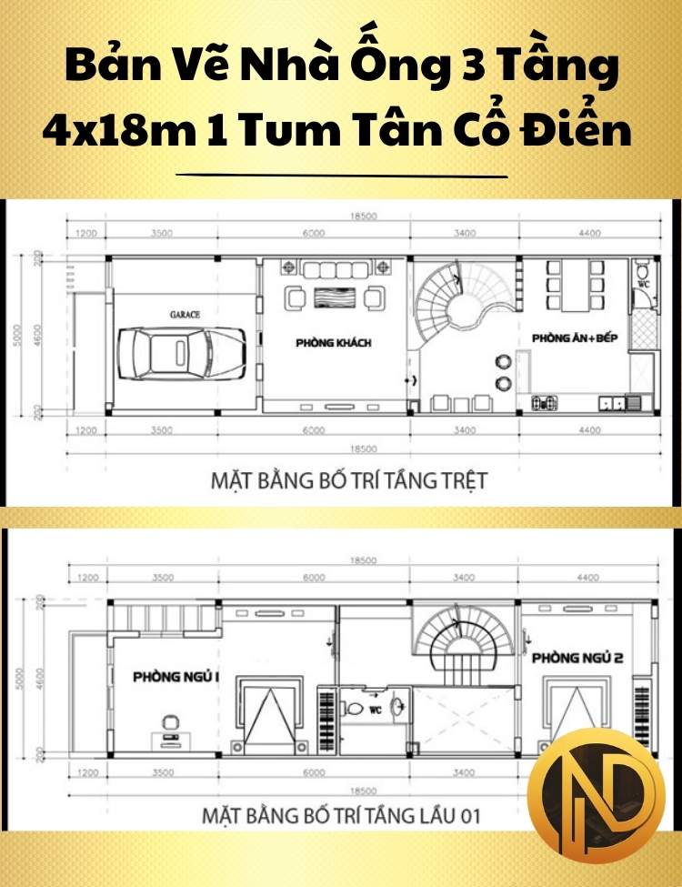 Thiết Kế Nhà Ống 3 Tầng 4x18m 1 Tum Tân Cổ Điển Sang Trọng