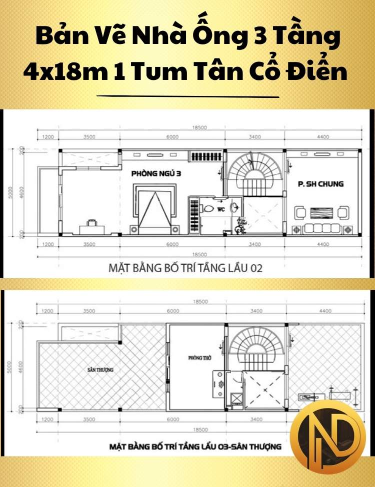 Thiết Kế Nhà Ống 3 Tầng 4x18m 1 Tum Tân Cổ Điển Sang Trọng