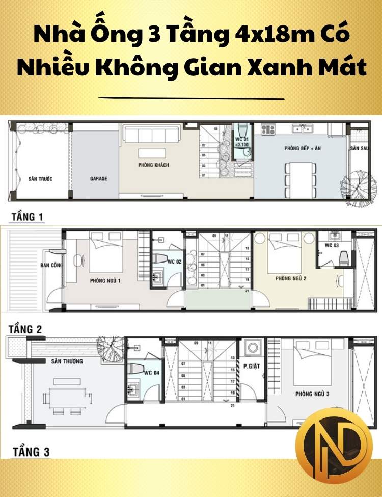 Thiết Kế Nhà Ống 3 Tầng 4x18m Có Nhiều Không Gian Xanh Mát