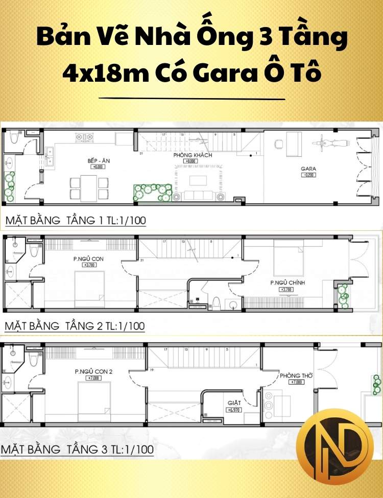 Mẫu Thiết Kế Nhà Ống 3 Tầng 4x18m Đẹp Có Gara Ô Tô