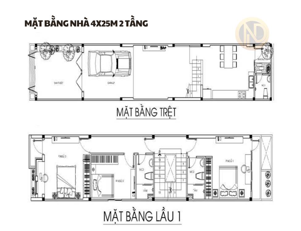 Mặt bằng nhà 4x25m 2 tầng