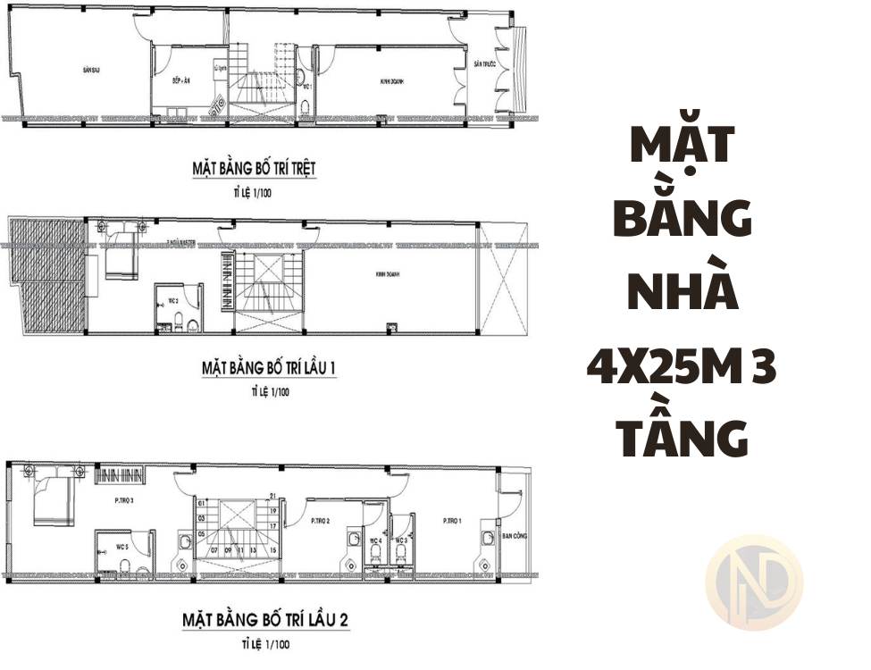 Mặt bằng nhà 4x25m 3 tầng