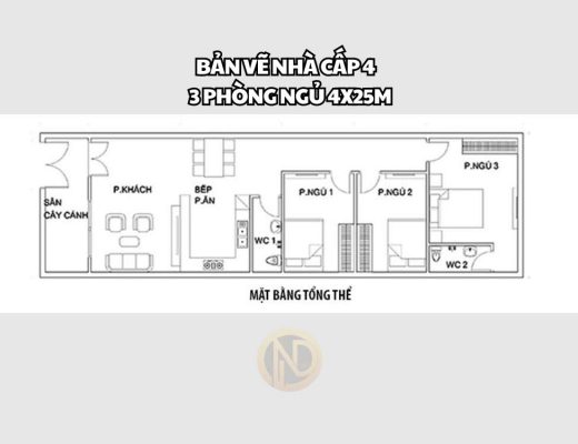 Nhà cấp 4 3 phòng ngủ diện tích 4x25m