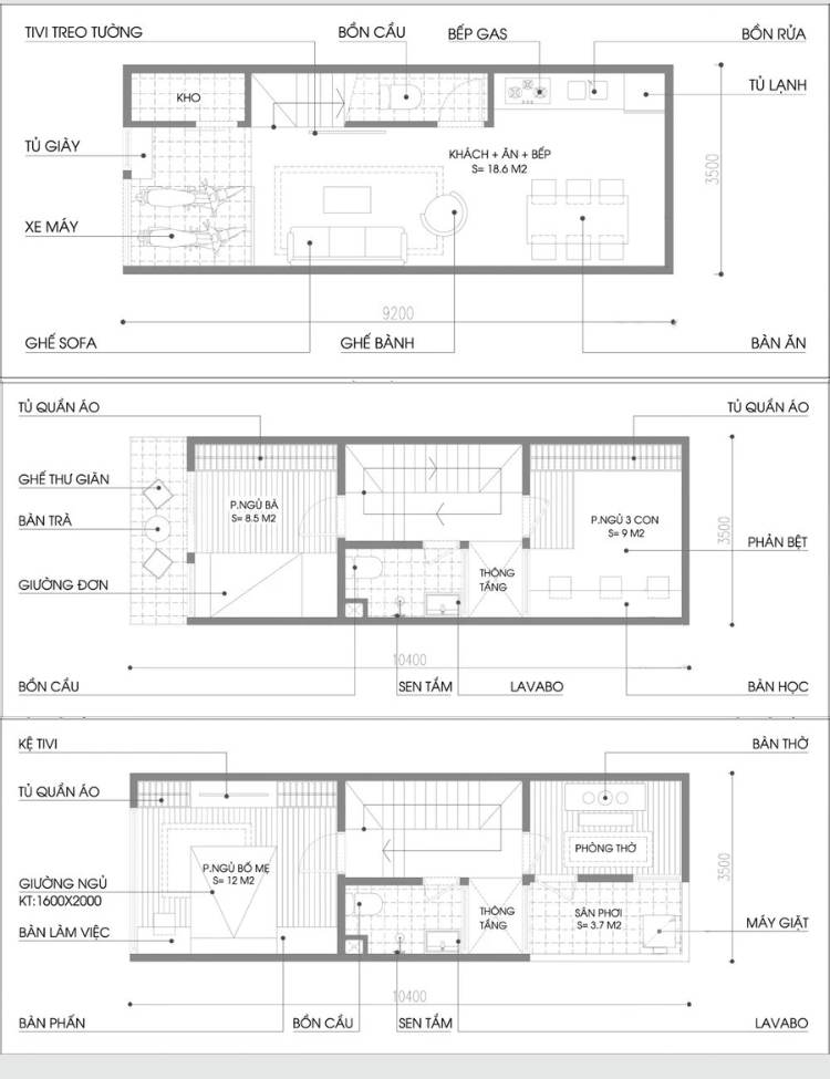 Mặt bằng công năng cho nhà 32m2 3 tầng