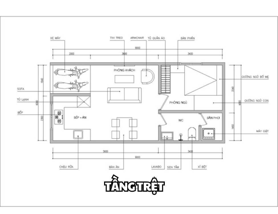 thiết kế nội thất nhà 4x8m