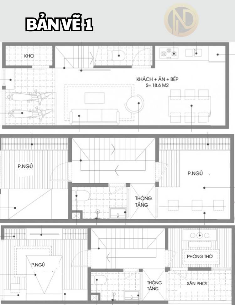 Bản vẽ mặt bằng công năng nhà 4x8m 3 tầng