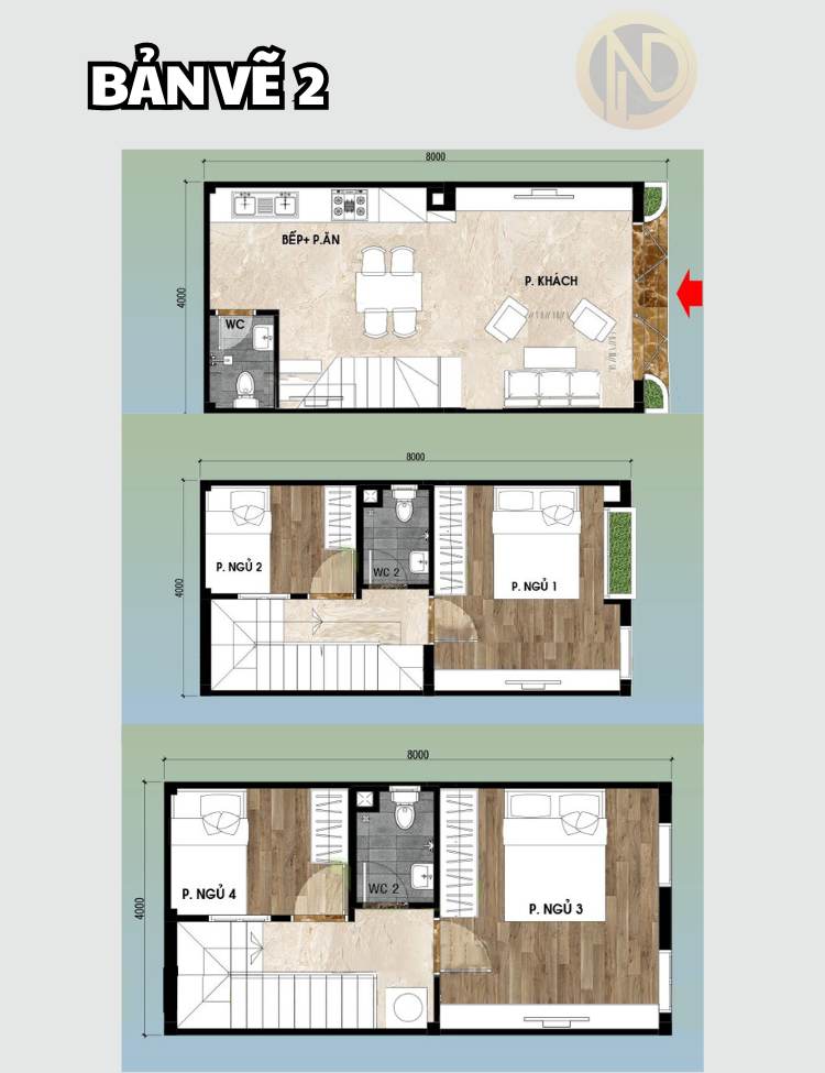 Bản vẽ mặt bằng công năng nhà 4x8m 3 tầng