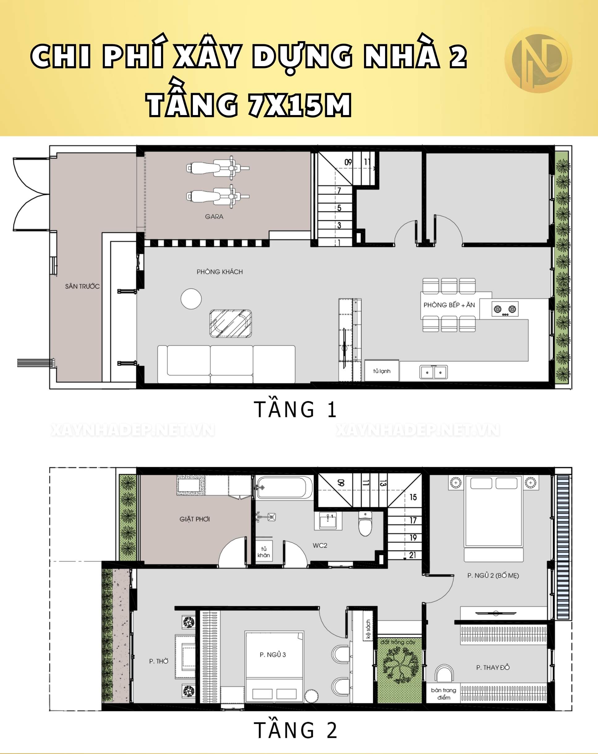 chi phí xây nhà 2 tầng 7x15m