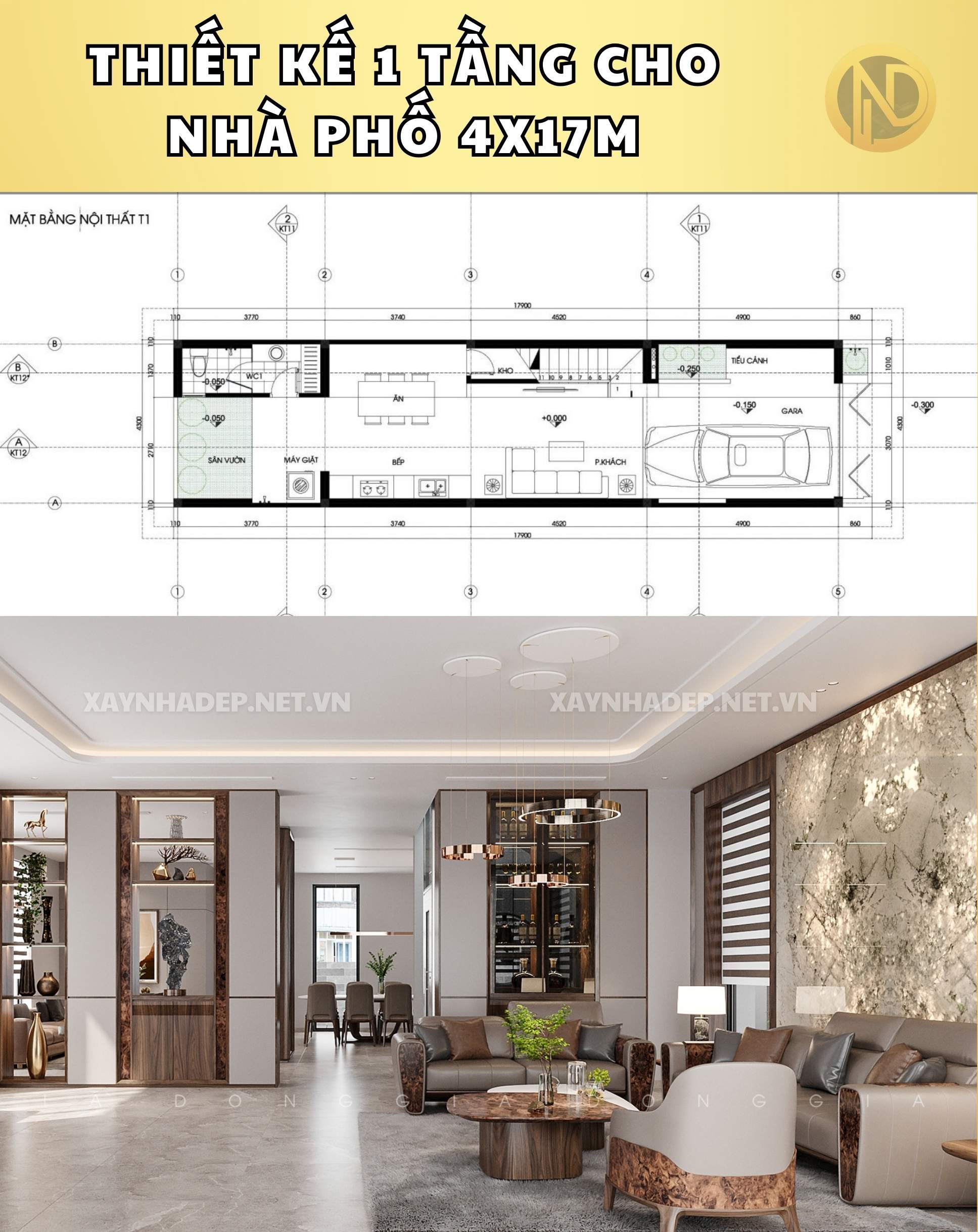 mặt bằng nhà phố 4x17m