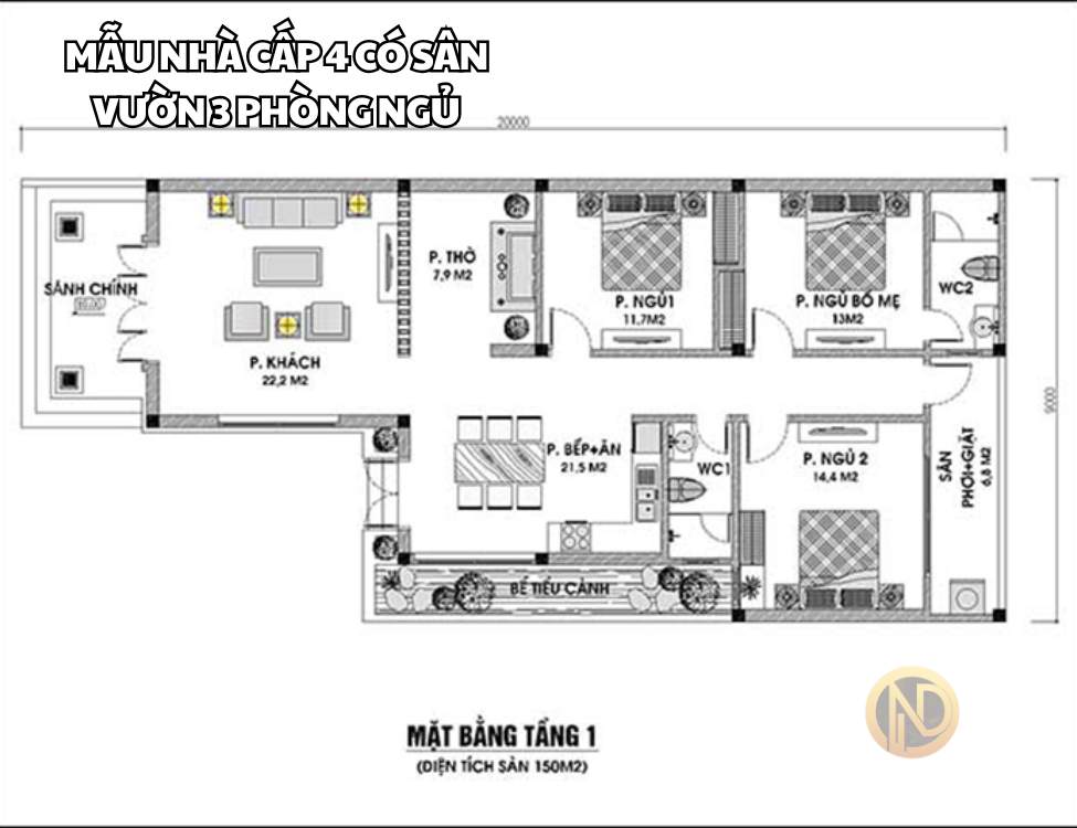 Mẫu nhà cấp 4 có sân vườn 3 phòng ngủ