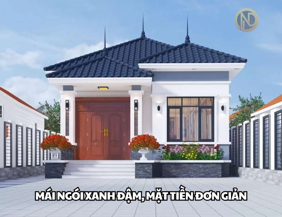 Thiết kế nhà mái Nhật 1 tầng 3 phòng ngủ 1 phòng thờ mái ngói xanh đậm, mặt tiền đơn giản