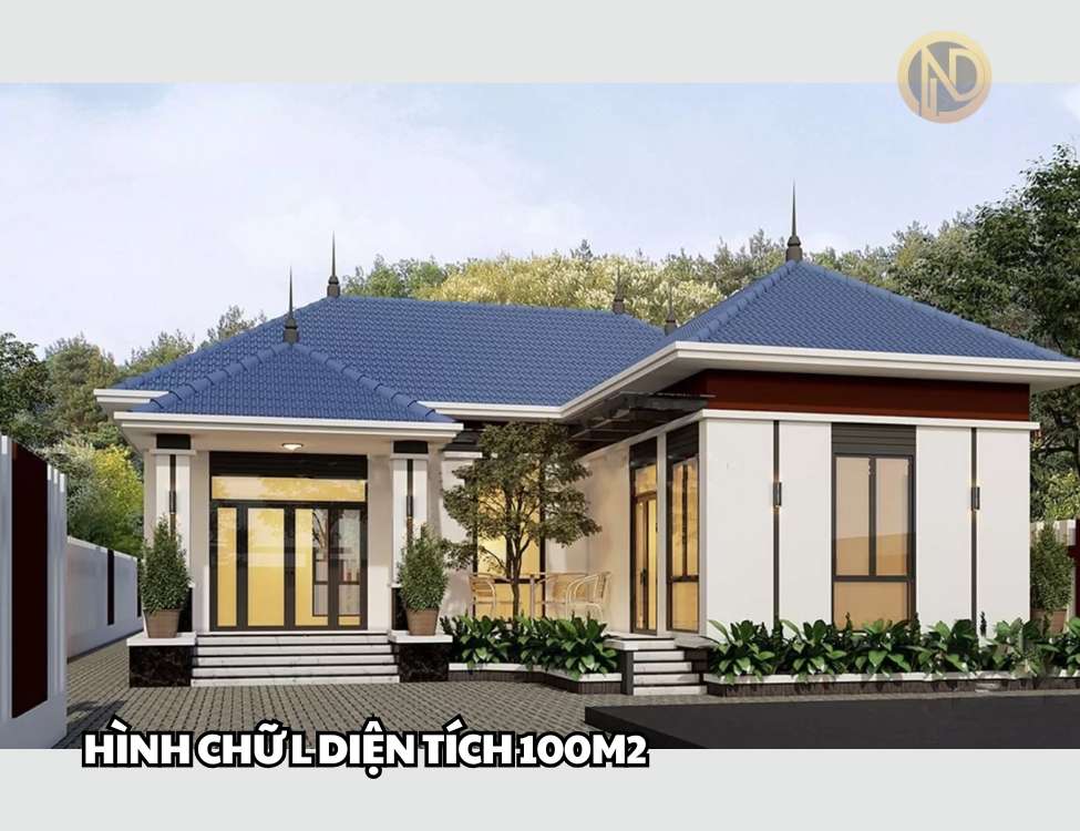 Nhà mái Nhật 1 tầng hình chữ L hiện đại với 3 phòng ngủ và 1 phòng thờ (diện tích 100m²)