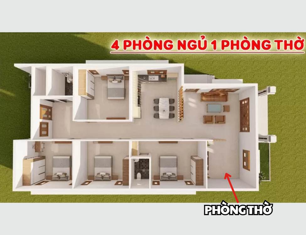 Nhà 1 tầng 4 phòng ngủ 1 phòng thờ