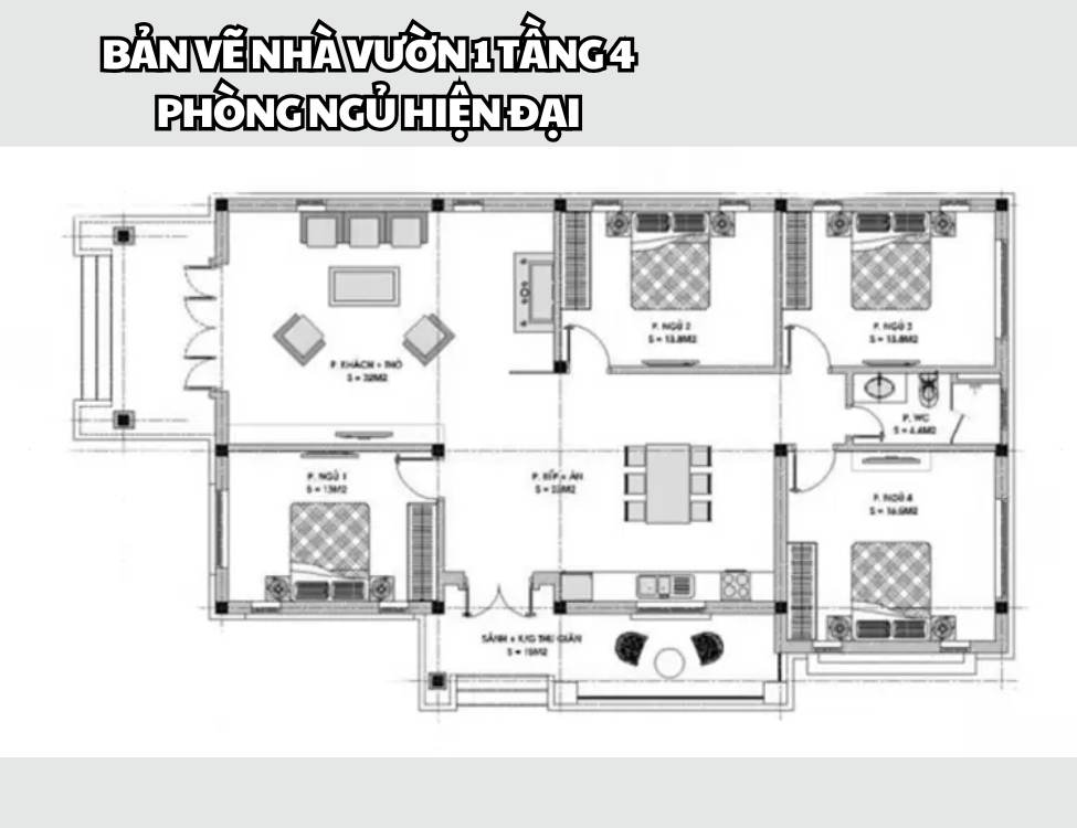 Bản vẽ nhà vườn 1 tầng 4 phòng ngủ hiện đại