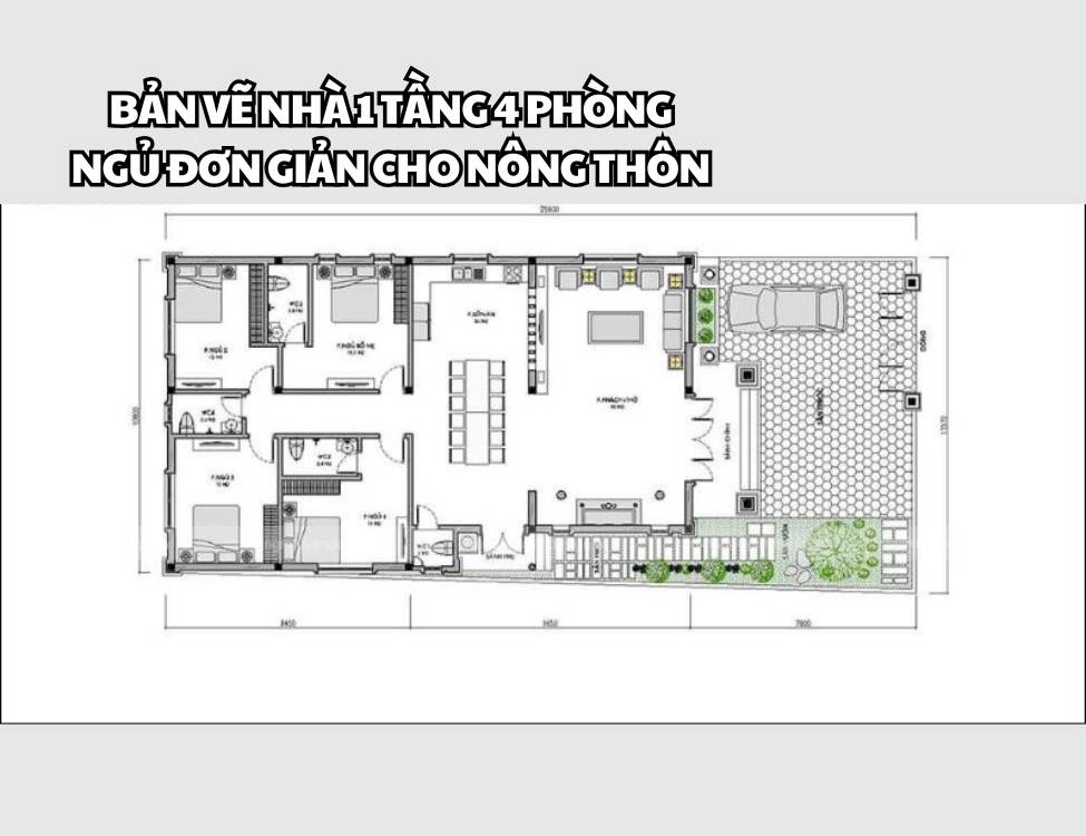 Bản vẽ nhà 1 tầng 4 phòng ngủ đơn giản cho nông thôn