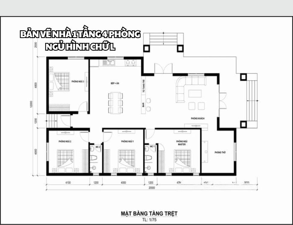 Bản vẽ nhà 1 tầng 4 phòng ngủ hình chữ L