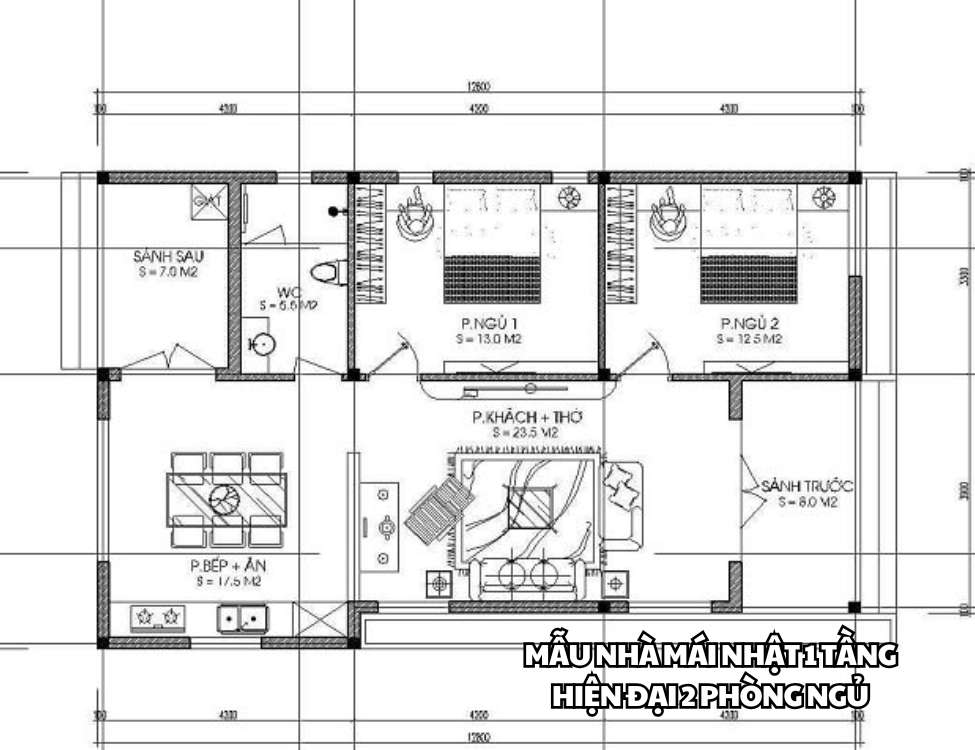 Mẫu nhà mái Nhật 1 tầng hiện đại 2 phòng ngủ