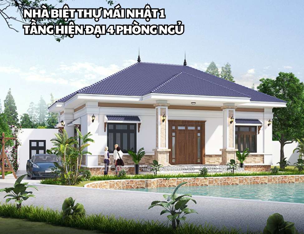 Nhà biệt thự mái Nhật 1 tầng hiện đại 4 phòng ngủ