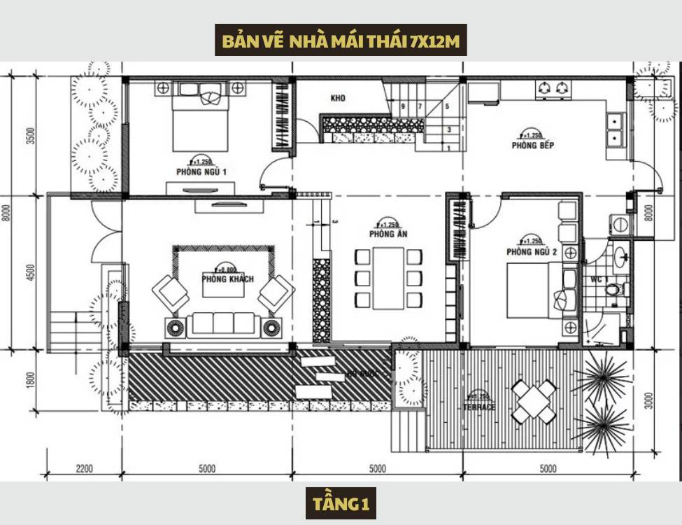 Bản vẽ mặt bằng nhà 2 tầng 7x12m mái thái hiện đại