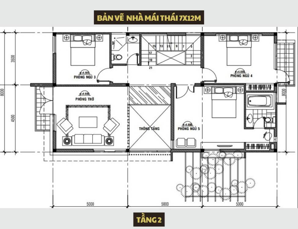 Bản vẽ mặt bằng nhà 2 tầng 7x12m mái thái hiện đại