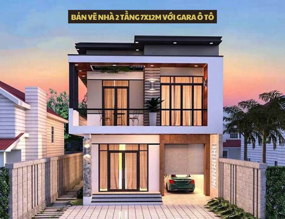 Bản vẽ mặt bằng nhà 2 tầng 7x12m với gara ô tô