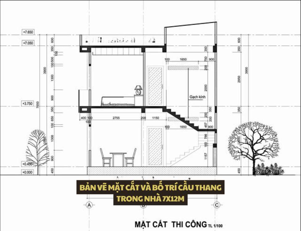 Bản vẽ mặt cắt và bố trí cầu thang trong nhà 7x12m