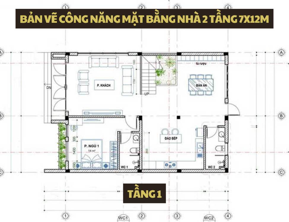 Bản vẽ công năng mặt bằng nhà 2 tầng 7x12m