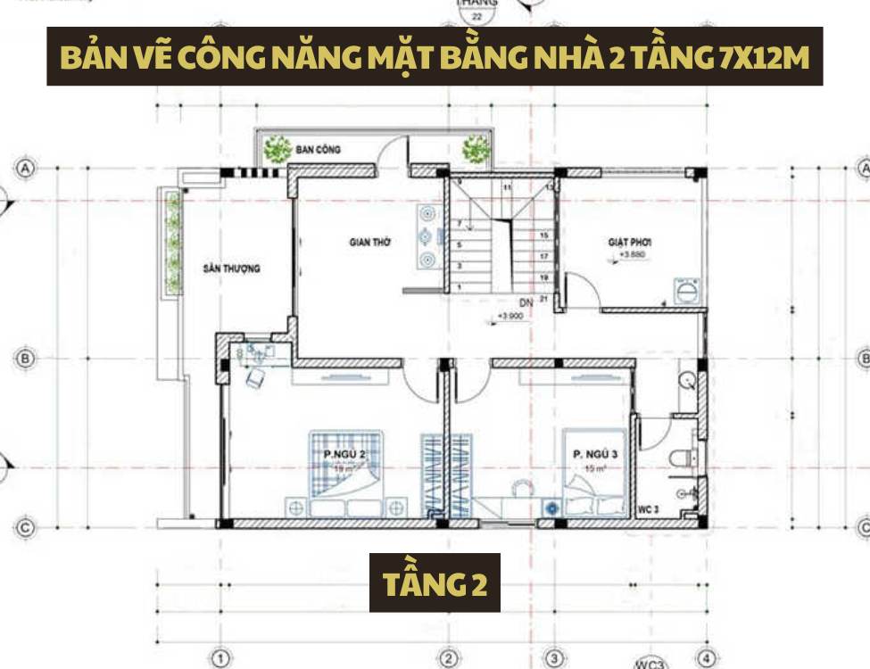 Bản vẽ công năng mặt bằng nhà 2 tầng 7x12m