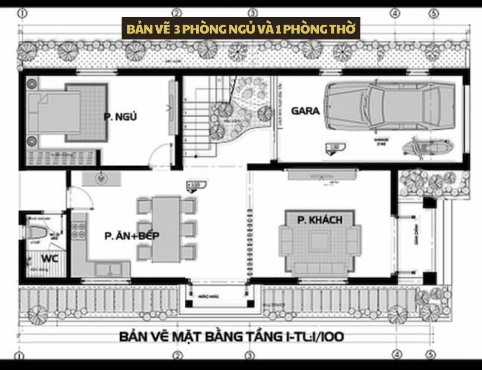 Bản vẽ mặt bằng nhà 2 tầng 7x12m với 3 phòng ngủ và 1 phòng thờ: