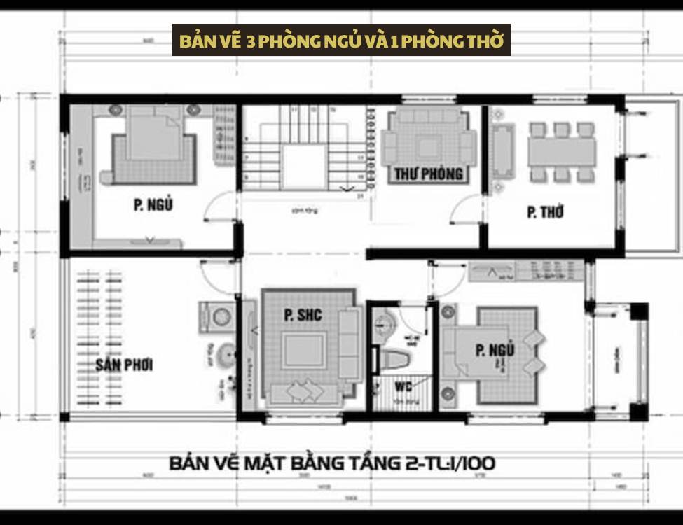 Bản vẽ mặt bằng nhà 2 tầng 7x12m với 3 phòng ngủ và 1 phòng thờ: