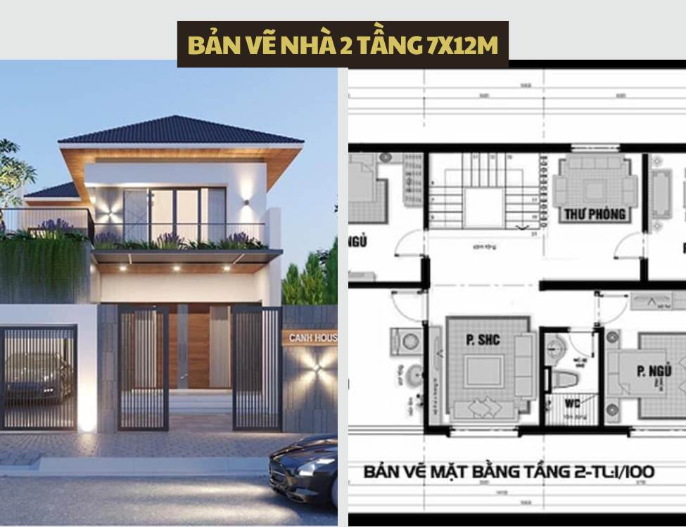 Tổng hợp bản vẽ nhà 2 tầng 7x12m