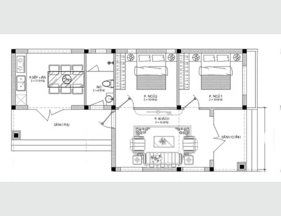 Bản vẽ nhà cấp 4 70m2 2 phòng ngủ kiểu chữ L