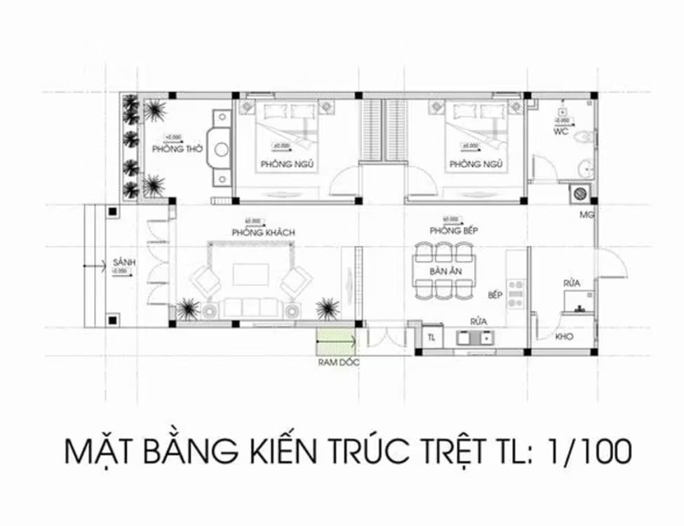 Bản vẽ nhà cấp 4 7x10 2 phòng ngủ phong cách hiện đại