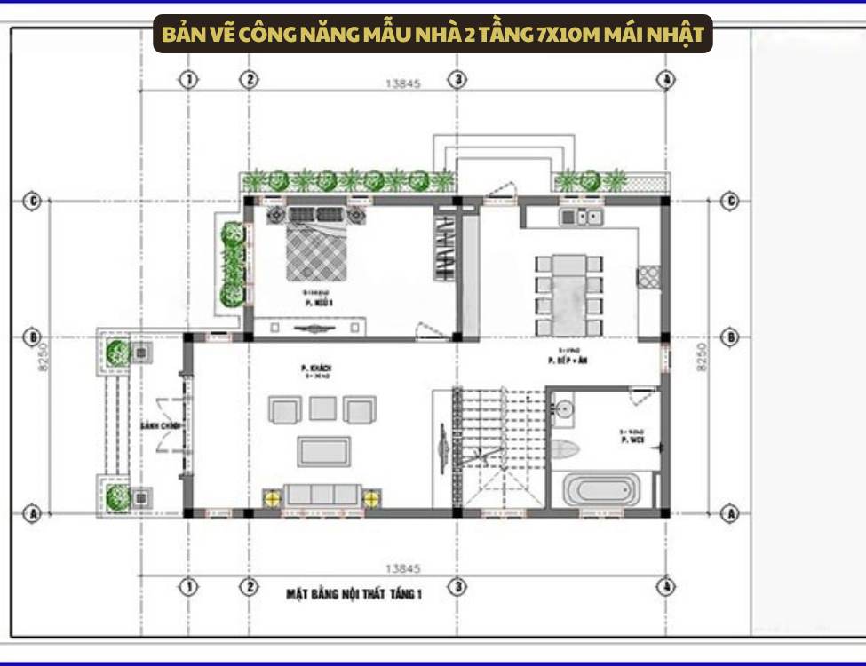 Bản vẽ công năng mẫu nhà 2 tầng 7x10m mái nhật đẹp mắt