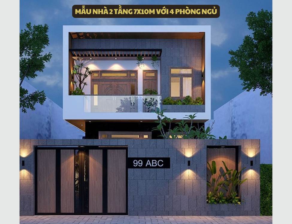 Bản vẽ công năng mẫu nhà 2 tầng 7x10m với 4 phòng ngủ