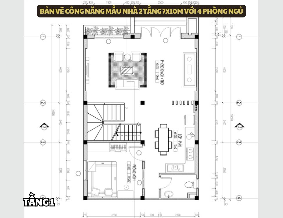 Bản vẽ công năng mẫu nhà 2 tầng 7x10m với 4 phòng ngủ