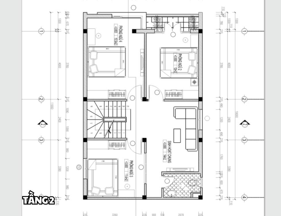 Bản vẽ công năng mẫu nhà 2 tầng 7x10m với 4 phòng ngủ