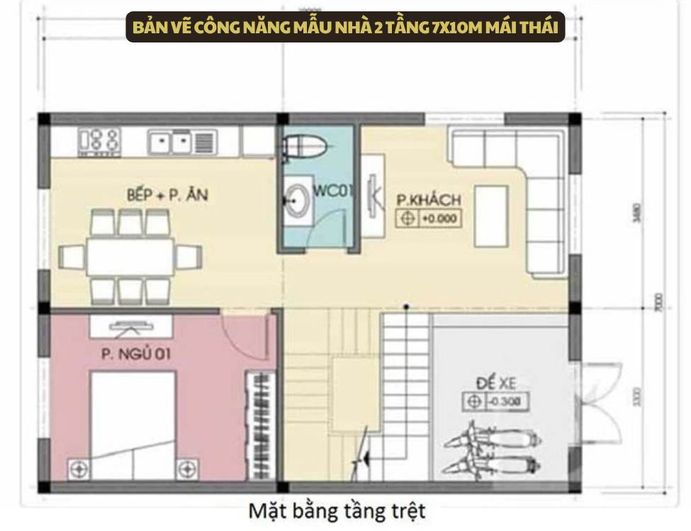 Bản vẽ công năng mẫu nhà 2 tầng 7x10m mái thái hiện đại