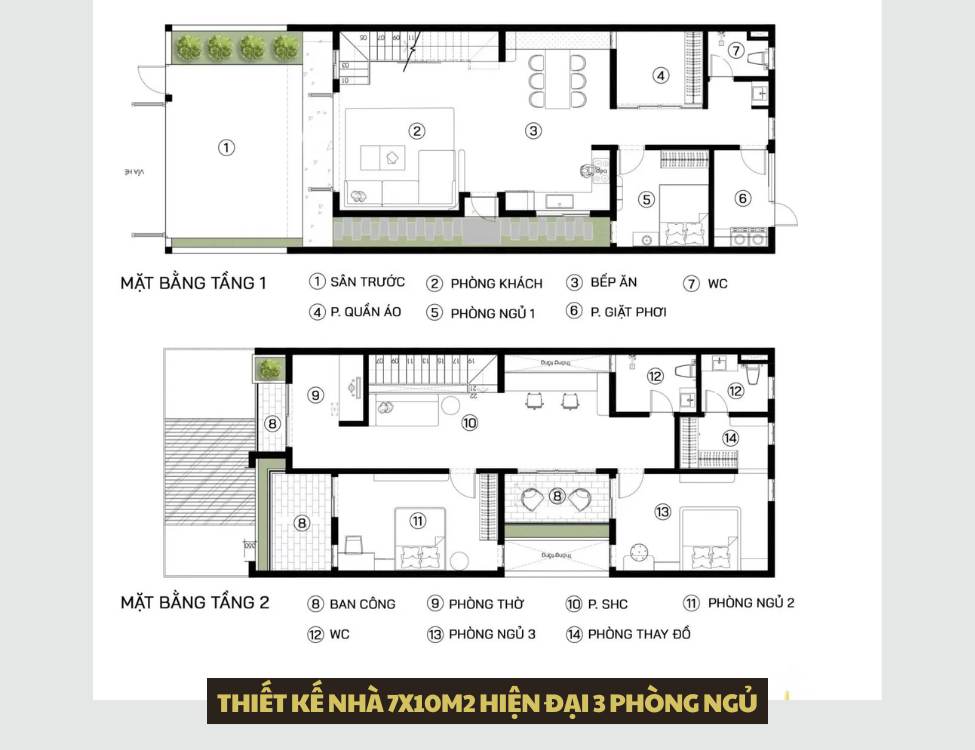 Thiết kế nhà 7x10m2 hiện đại 3 phòng ngủ