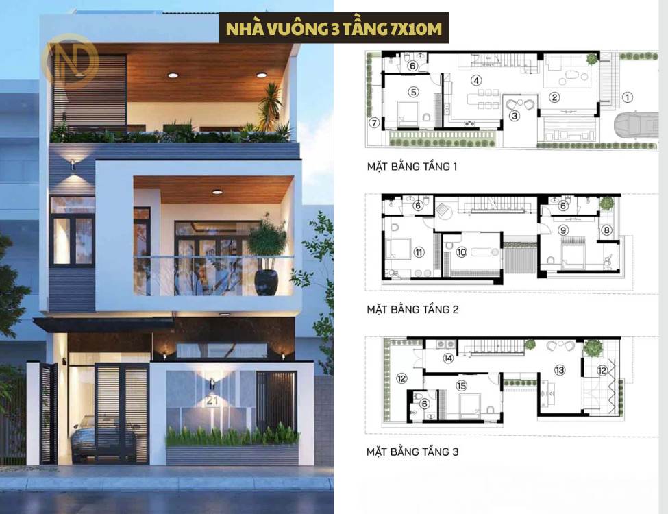 Thiết kế nhà vuông 3 tầng 7x10m