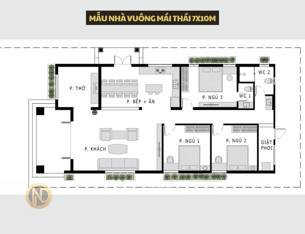 Mẫu nhà vuông mái thái 7x10m 3 phòng ngủ