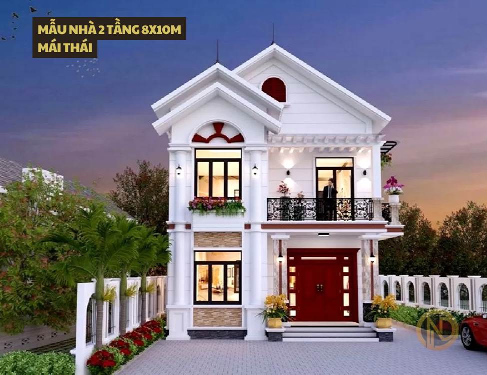 Mẫu nhà 2 tầng 8x10m mái thái truyền thống