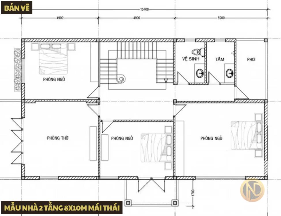 Mẫu nhà 2 tầng 8x10m mái thái truyền thống