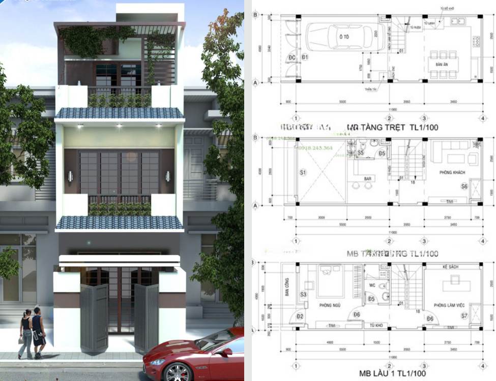 Thiết kế nhà 4x11 có gara