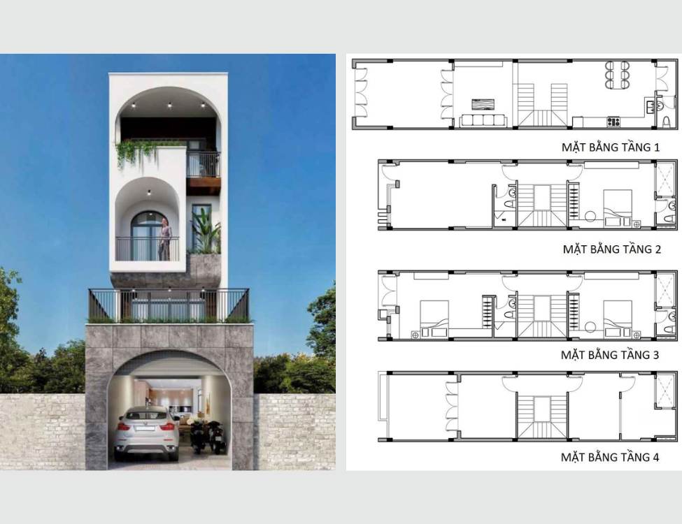 Thiết kế nhà 4x11m 4 tầng với bán hầm làm gara