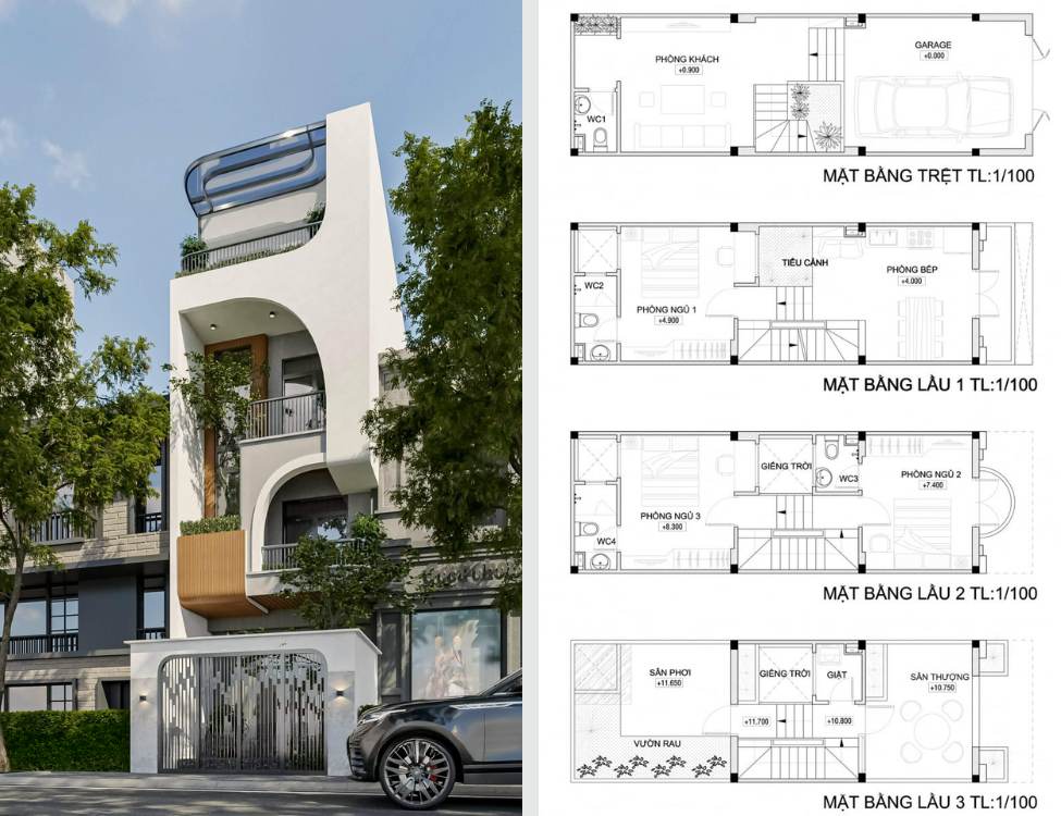 Thiết kế nhà 4x11m 4 tầng với bán hầm làm gara